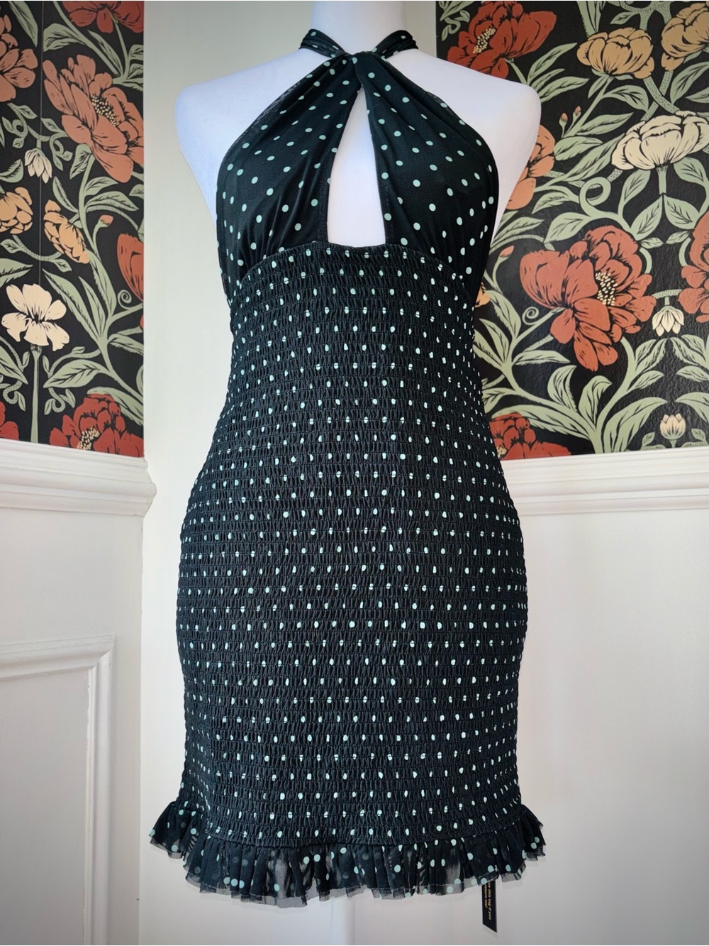NWT Anthropologie Smocked Halter Mini Dress Mint Polka Dot Coquette - Picture 7 of 15